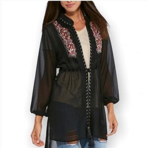 CATO Embroidered Long Sleeve Kimono Coverup